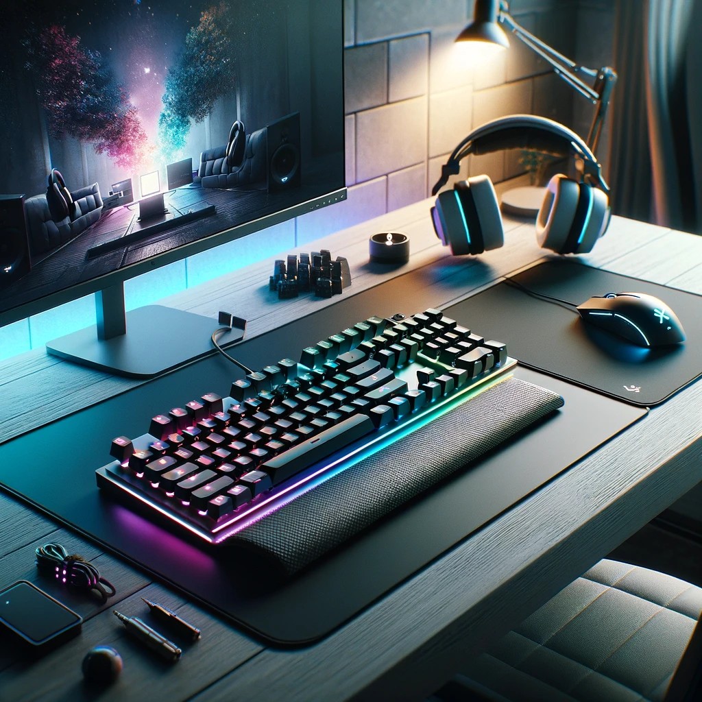 Imagen de un moderno espacio de trabajo equipado con un teclado mecánico de alta gama con iluminación RGB personalizable, ideal para entusiastas de la tecnología, gamers y profesionales. Incluye accesorios como un monitor de alta resolución, un ratón de gaming premium y auriculares profesionales, destacando un ambiente de productividad y juego avanzado con iluminación ambiental suave.